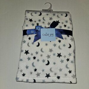 NEW Cutie Pie Gray Stars Moons White Fleece Baby Blanket Lovey 30" x 36"